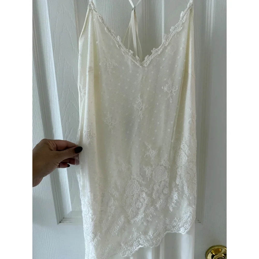 Delicates Ivory Lace Swiss Dot Asymmetrical Slip Dress Small Bridal Nightgown